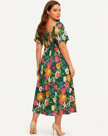 ⏰Soldes d'été : 50 % de réduction💃Robe midi à fleurs, col carré et smocks, avec poches