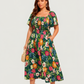 ⏰Soldes d'été : 50 % de réduction💃Robe midi à fleurs, col carré et smocks, avec poches