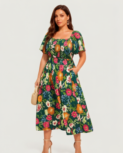 ⏰Soldes d'été : 50 % de réduction💃Robe midi à fleurs, col carré et smocks, avec poches