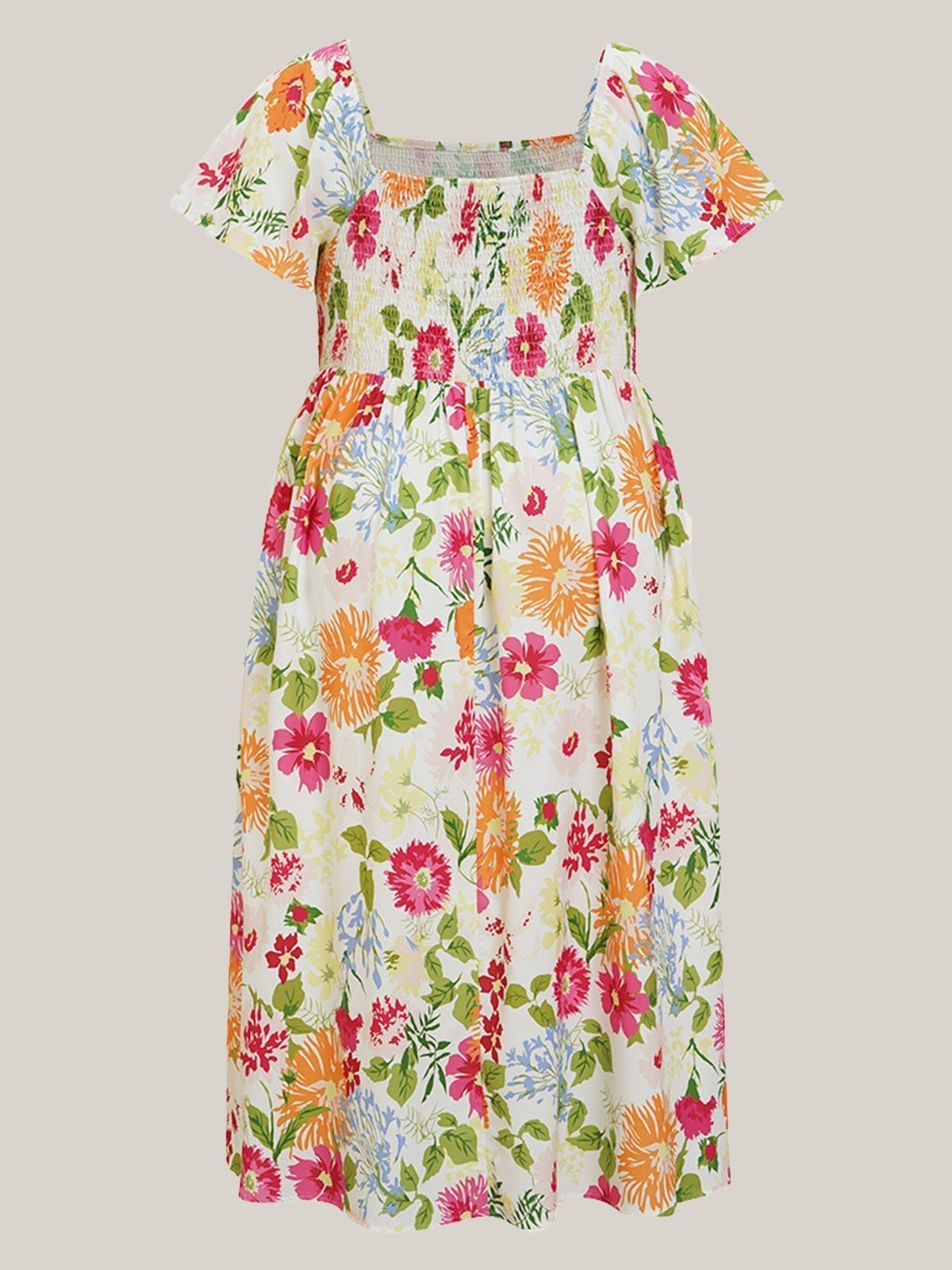 ⏰Soldes d'été : 50 % de réduction💃Robe midi à fleurs, col carré et smocks, avec poches