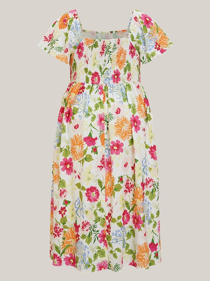 ⏰Soldes d'été : 50 % de réduction💃Robe midi à fleurs, col carré et smocks, avec poches