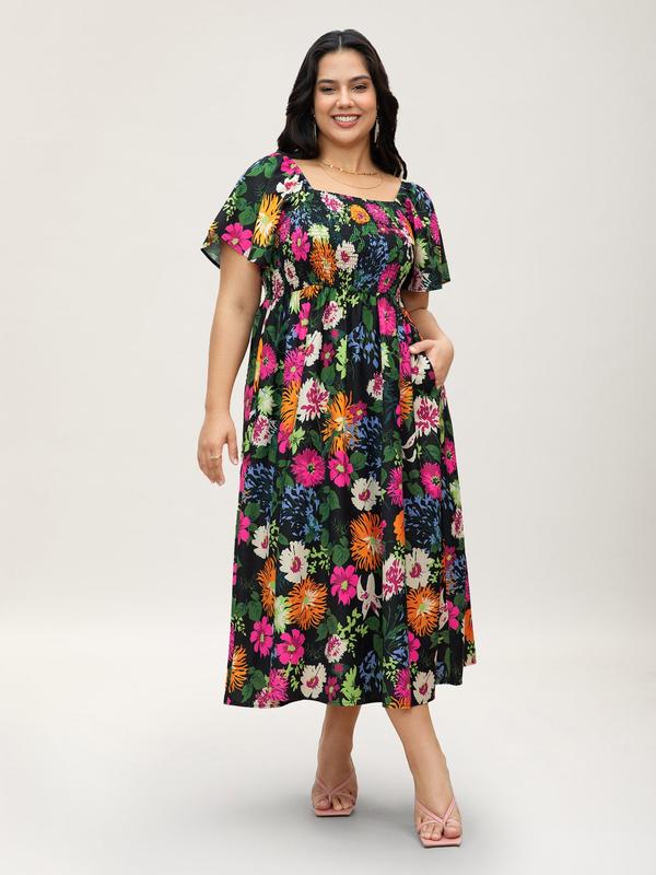 ⏰Soldes d'été : 50 % de réduction💃Robe midi à fleurs, col carré et smocks, avec poches
