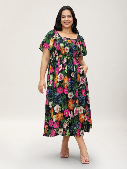 ⏰Soldes d'été : 50 % de réduction💃Robe midi à fleurs, col carré et smocks, avec poches