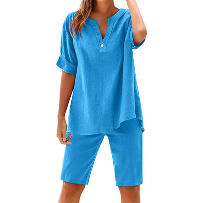 Ensemble décontracté uni pour femme : Haut à manches courtes et short