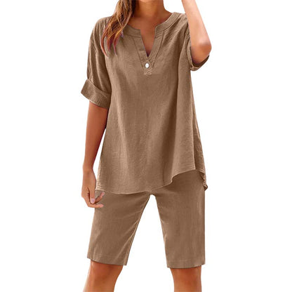 Ensemble décontracté uni pour femme : Haut à manches courtes et short
