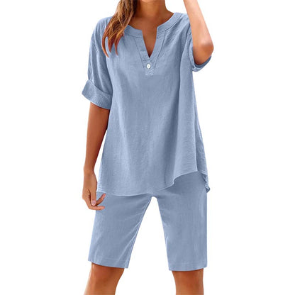 Ensemble décontracté uni pour femme : Haut à manches courtes et short