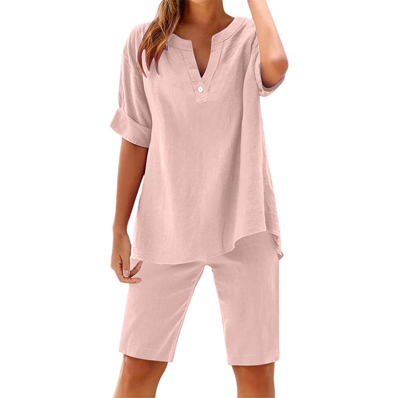 Ensemble décontracté uni pour femme : Haut à manches courtes et short