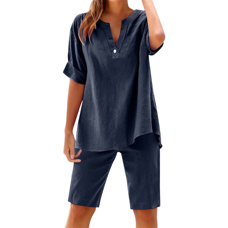 Ensemble décontracté uni pour femme : Haut à manches courtes et short