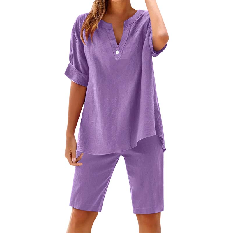 Ensemble décontracté uni pour femme : Haut à manches courtes et short