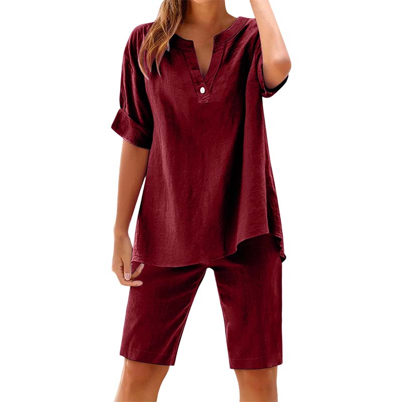 Ensemble décontracté uni pour femme : Haut à manches courtes et short