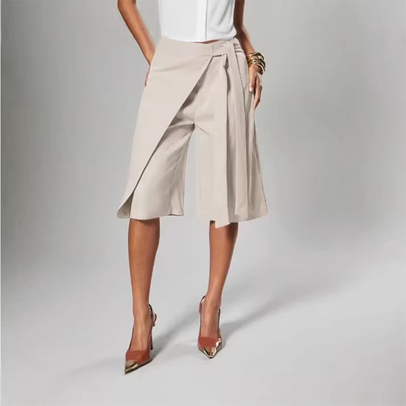 Pantalon large mi-long femme chic à nouer devant