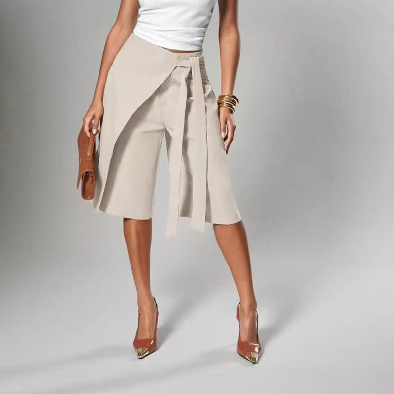 Pantalon large mi-long femme chic à nouer devant