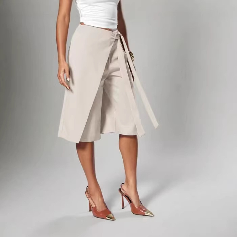 Pantalon large mi-long femme chic à nouer devant
