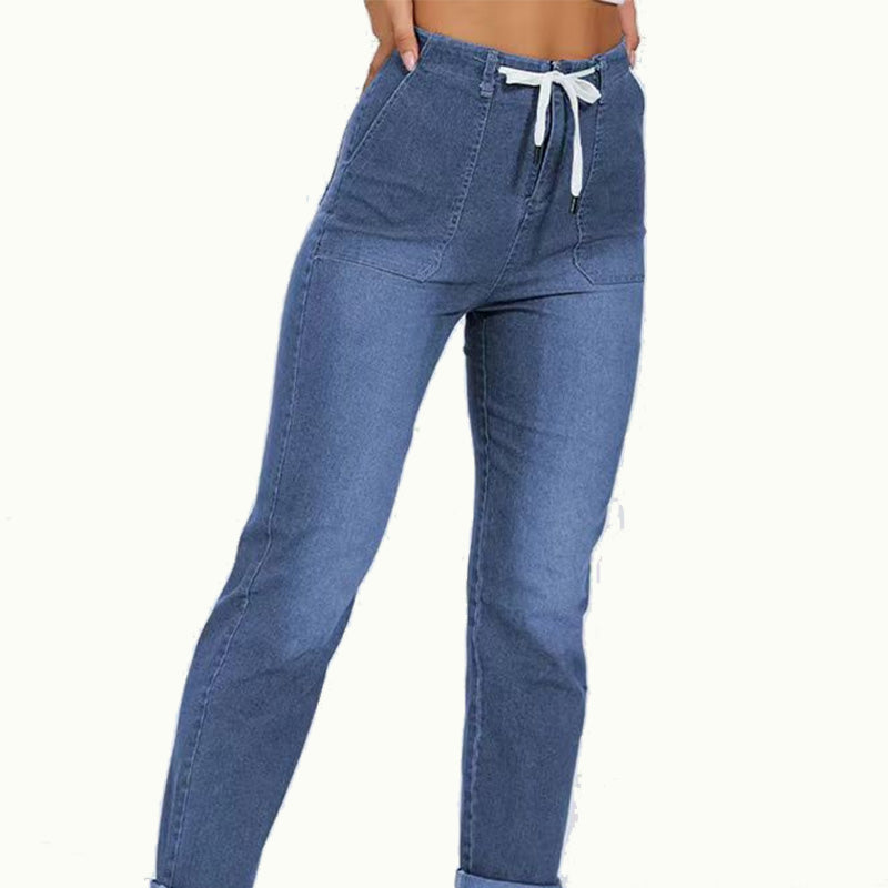 Pantalon de jogging décontracté en jean à cordon de serrage pour femme