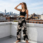 Pantalon large à cordon de serrage pour femme, imprimé feuilles