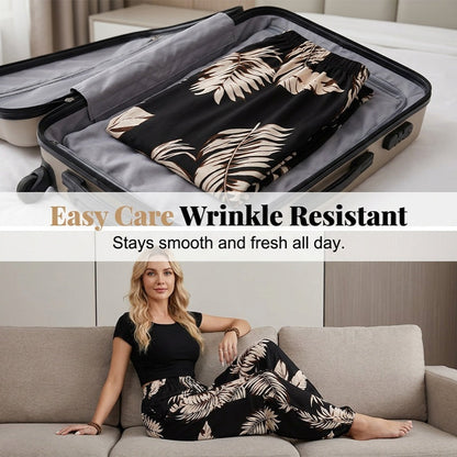 Pantalon large à cordon de serrage pour femme, imprimé feuilles