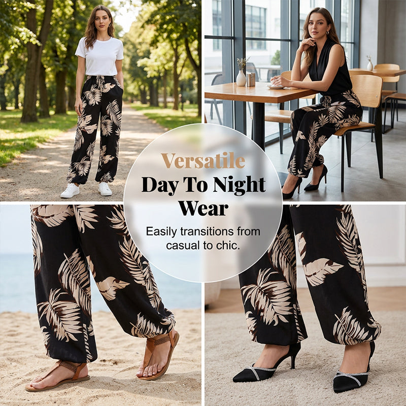 Pantalon large à cordon de serrage pour femme, imprimé feuilles