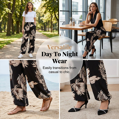 Pantalon large à cordon de serrage pour femme, imprimé feuilles