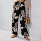 Pantalon large à cordon de serrage pour femme, imprimé feuilles
