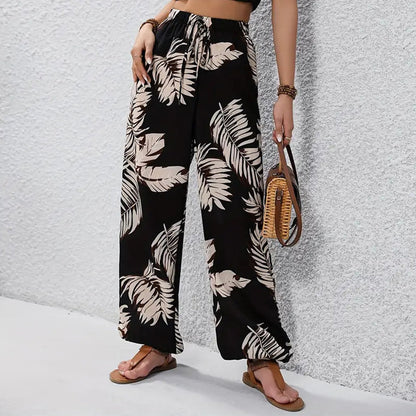 Pantalon large à cordon de serrage pour femme, imprimé feuilles