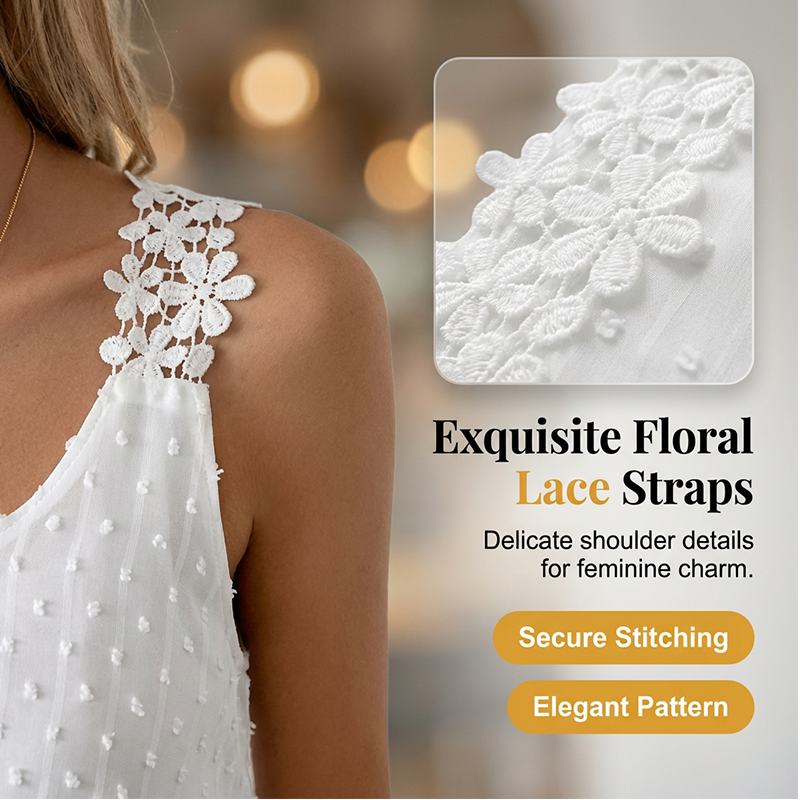 👕✨ 50 % DE RÉDUCTION – POUR UNE DURÉE LIMITÉE ! Débardeur élégant à bretelles en dentelle et motif à pois – Décontracté, féminin et parfait pour l'été et le quotidien ✨