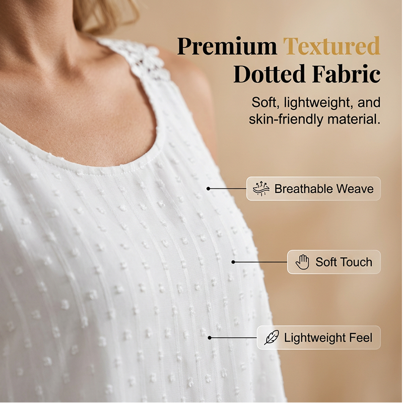👕✨ 50 % DE RÉDUCTION – POUR UNE DURÉE LIMITÉE ! Débardeur élégant à bretelles en dentelle et motif à pois – Décontracté, féminin et parfait pour l'été et le quotidien ✨