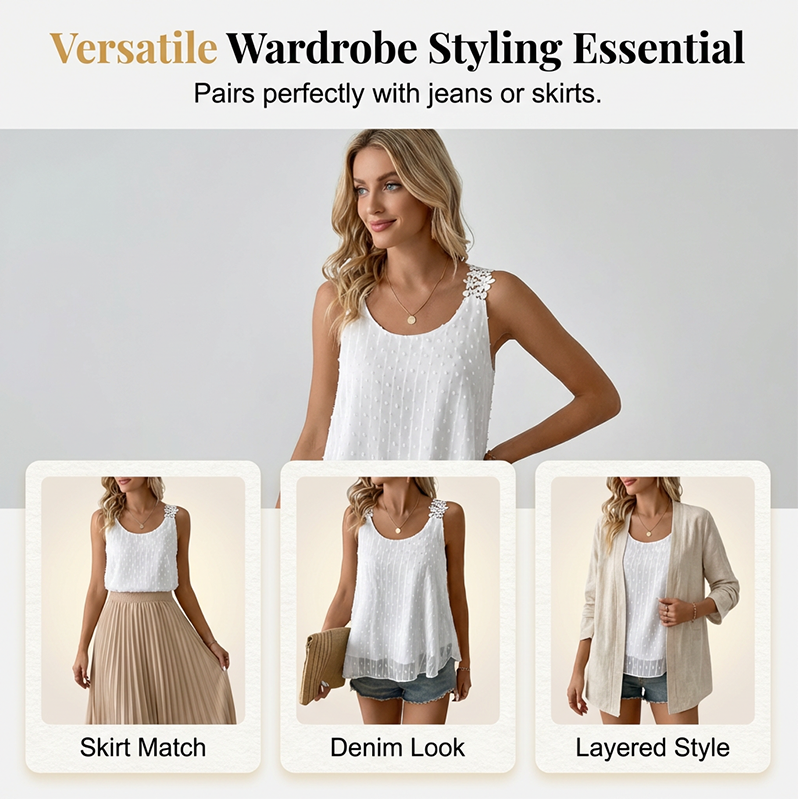 👕✨ 50 % DE RÉDUCTION – POUR UNE DURÉE LIMITÉE ! Débardeur élégant à bretelles en dentelle et motif à pois – Décontracté, féminin et parfait pour l'été et le quotidien ✨