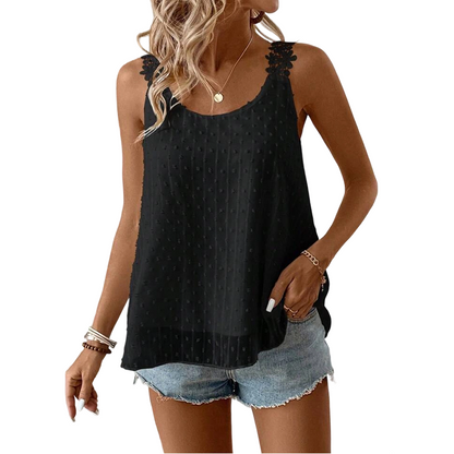 👕✨ 50 % DE RÉDUCTION – POUR UNE DURÉE LIMITÉE ! Débardeur élégant à bretelles en dentelle et motif à pois – Décontracté, féminin et parfait pour l'été et le quotidien ✨