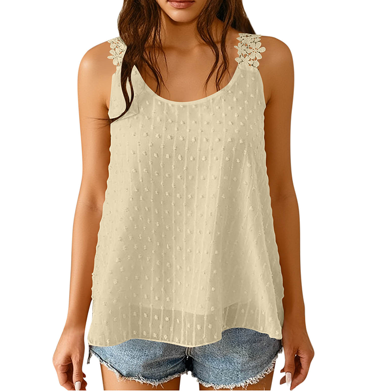 👕✨ 50 % DE RÉDUCTION – POUR UNE DURÉE LIMITÉE ! Débardeur élégant à bretelles en dentelle et motif à pois – Décontracté, féminin et parfait pour l'été et le quotidien ✨