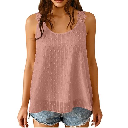 👕✨ 50 % DE RÉDUCTION – POUR UNE DURÉE LIMITÉE ! Débardeur élégant à bretelles en dentelle et motif à pois – Décontracté, féminin et parfait pour l'été et le quotidien ✨