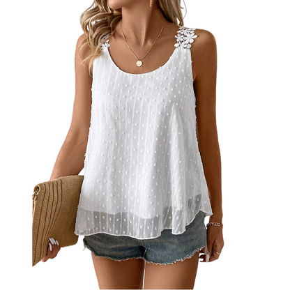 👕✨ 50 % DE RÉDUCTION – POUR UNE DURÉE LIMITÉE ! Débardeur élégant à bretelles en dentelle et motif à pois – Décontracté, féminin et parfait pour l'été et le quotidien ✨