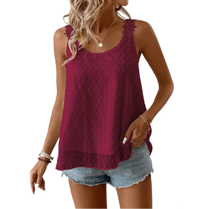 👕✨ 50 % DE RÉDUCTION – POUR UNE DURÉE LIMITÉE ! Débardeur élégant à bretelles en dentelle et motif à pois – Décontracté, féminin et parfait pour l'été et le quotidien ✨