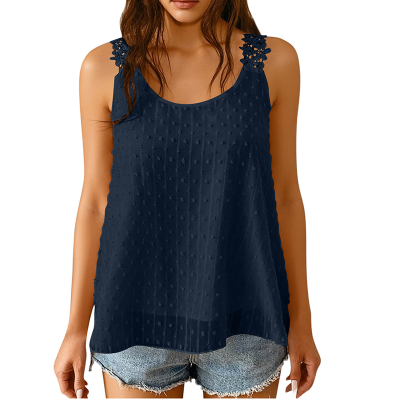 👕✨ 50 % DE RÉDUCTION – POUR UNE DURÉE LIMITÉE ! Débardeur élégant à bretelles en dentelle et motif à pois – Décontracté, féminin et parfait pour l'été et le quotidien ✨