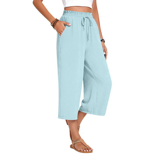 Pantacourt femme en coton et lin à jambes larges