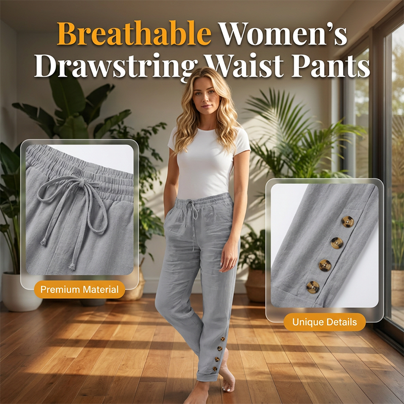 🌺50 % de réduction ! Pantalon pour femme avec cordon de serrage à la taille et bas boutonnés