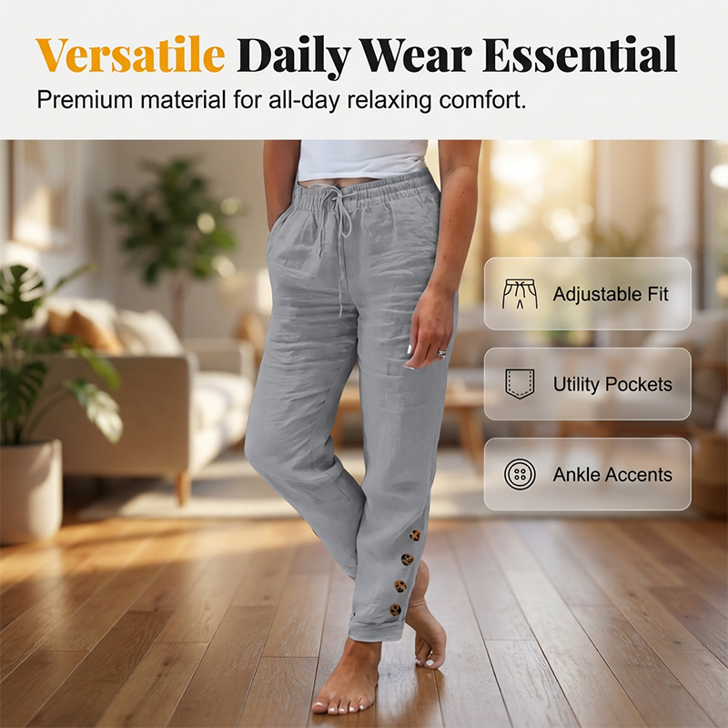 🌺50 % de réduction ! Pantalon pour femme avec cordon de serrage à la taille et bas boutonnés