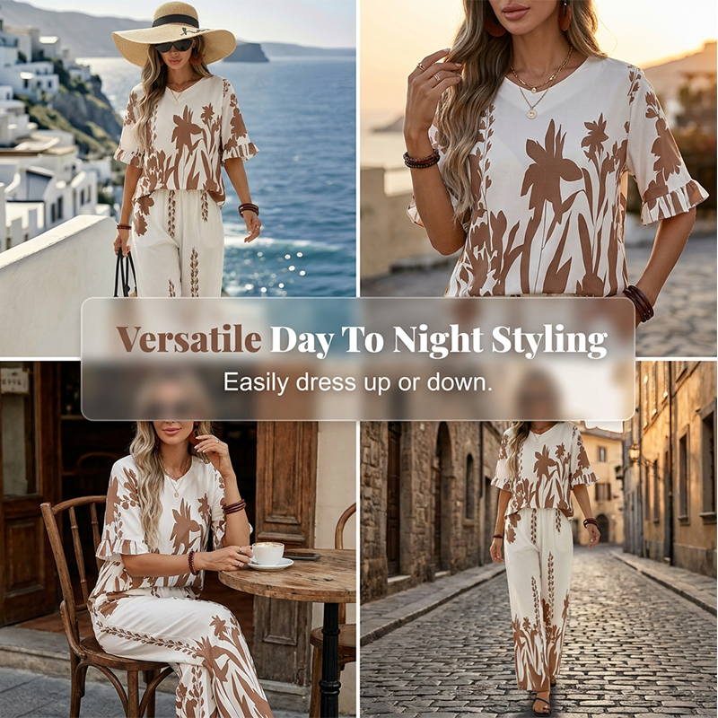 Ensemble élégant 2 pièces femme : top et pantalon à imprimé floral