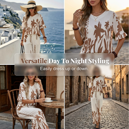 Ensemble élégant 2 pièces femme : top et pantalon à imprimé floral