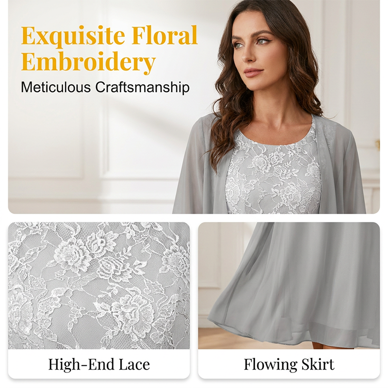 Ensemble 2 pièces pour femme : robe en mousseline de soie et dentelle
