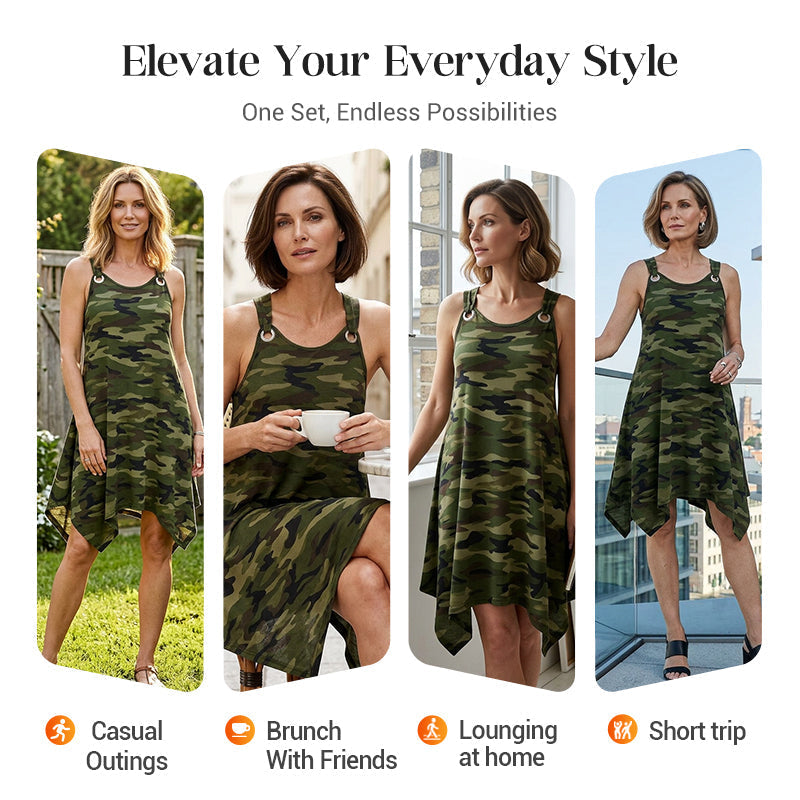 👗 Offre limitée à -50 % ! ✨ Robe camouflage sans manches – ourlet asymétrique, style audacieux et unique 🍂