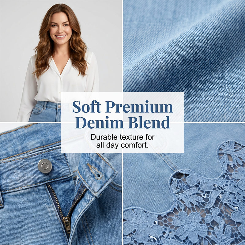 Jupe moulante en jean pour femme avec bordure en dentelle ajourée