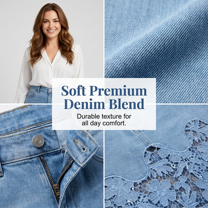 Jupe moulante en jean pour femme avec bordure en dentelle ajourée