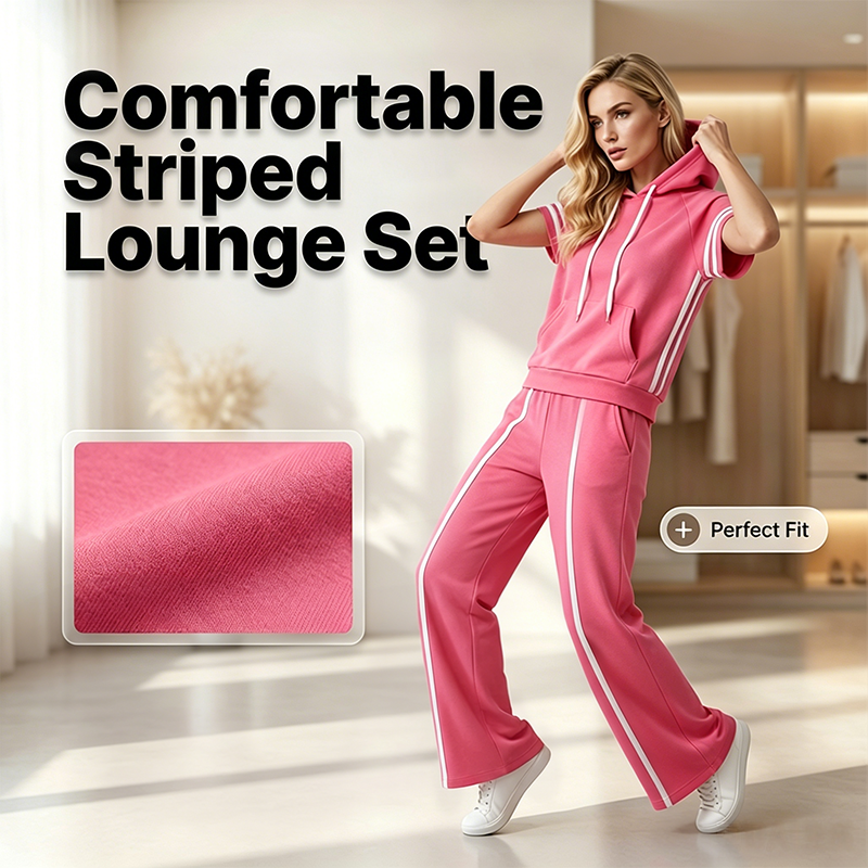 Ensemble pour femme composé d'un sweat à capuche à manches courtes rayé et d'un pantalon à jambes larges