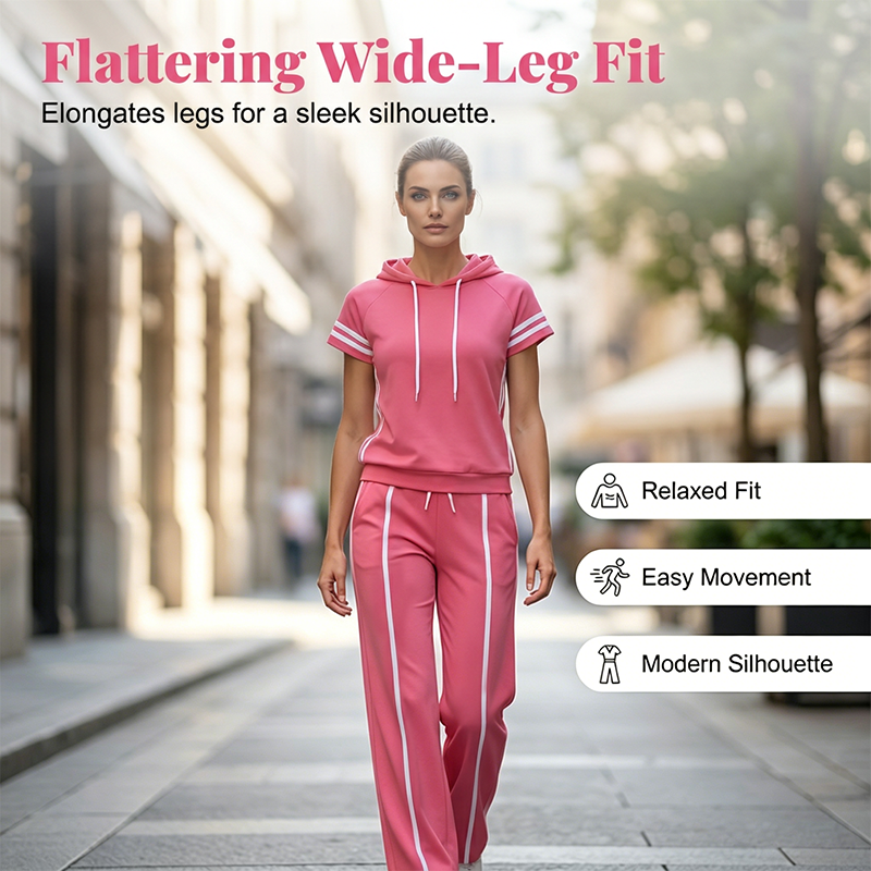Ensemble pour femme composé d'un sweat à capuche à manches courtes rayé et d'un pantalon à jambes larges