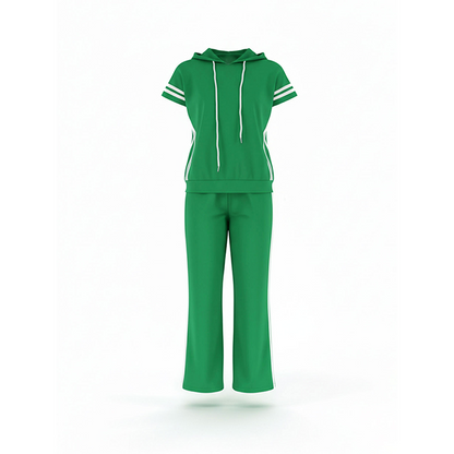 Ensemble pour femme composé d'un sweat à capuche à manches courtes rayé et d'un pantalon à jambes larges