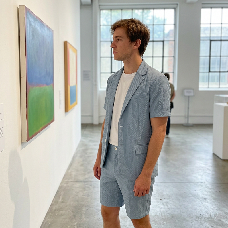 Ensemble blazer texturé à manches courtes et short pour homme