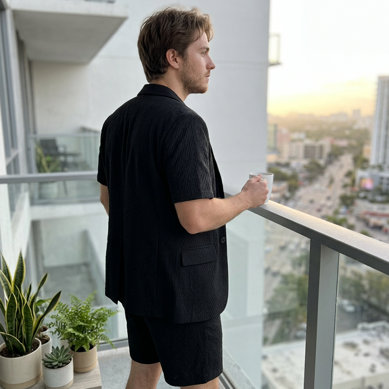 Ensemble blazer texturé à manches courtes et short pour homme