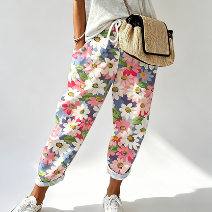 Pantalon décontracté à cordon de serrage et imprimé floral pour femme