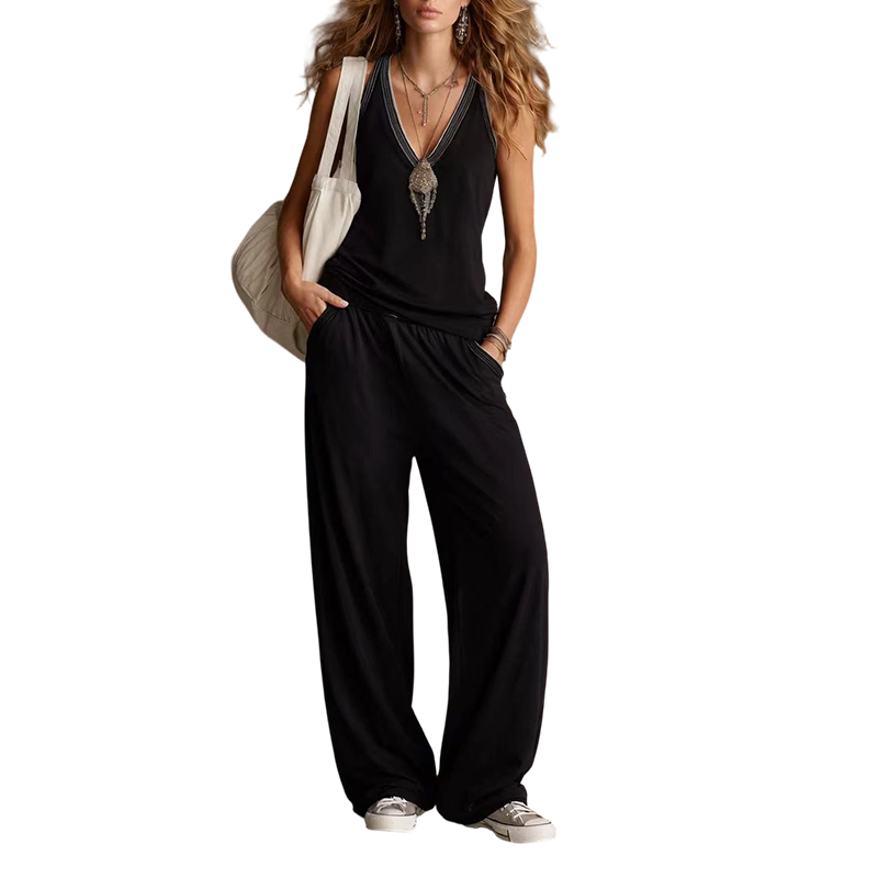 Ensemble Femme 2 Pièces : Top Col V Sans Manches et Pantalon Large
