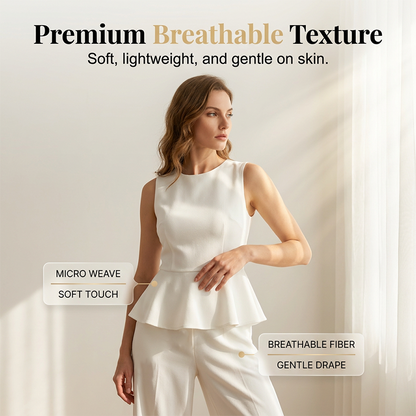 Ensemble 2 pièces femme : haut à basque sans manches et pantalon